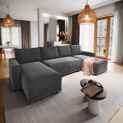 Zdjęcie produktu dla Masseno Narożnik DENI z funkcją spania i pojemnikiem na pościel Kształt U, Rozkładana sofa, Rogówka - Szary, MONOLITH 85