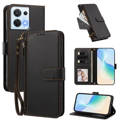 Produktbild von Geldbörse Hülle für Oppo Reno8 5G, Kunstleder Handyhülle mit Kartenfächer, Ständer, Handschlaufe Schwarz