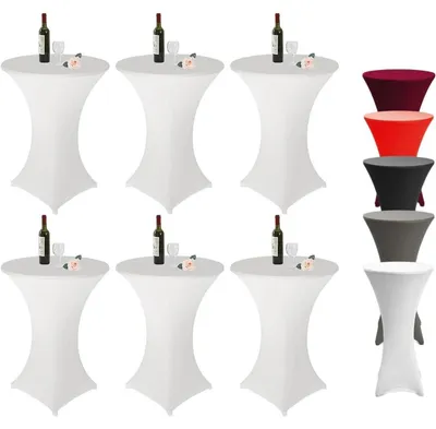 Immagine prodotto di Copertura per tavolo da bar, confezione da 6 pezzi, dimensioni 80 x 110 cm, colore bianco, elasticizzata, ideale per bar, matrimoni, feste di compleanno