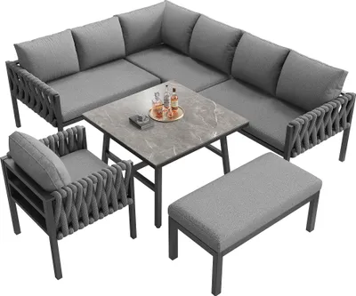 Produktbild von okwish Gartenmöbel Sets（5er-set）,Garten Lounge Set,Essgruppe,Gartensofa-Set,Gartengarnitur，Ecksofa，Sitzgarnitur mit verzinktem Eisengestell, mit Kissen，Grau