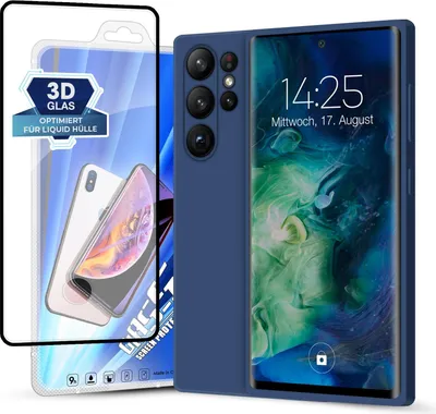 Produktbild von Hülle für Samsung Galaxy S23 Ultra mit 9H Displayglas Displayschutz Plus Case Cover Bumper Silikon Softgrip Schutzhülle Farbe: Blau