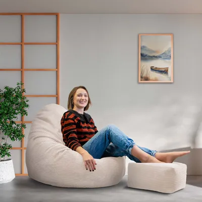 Produktbild von Dreamroots Bean Bag 90x90x100 cm Sitzsack mit Lehne und Hocker und Bezug Sitzkissen Boden Chill Sack Bubibag Sitzsack mit Füllung, Vanilla Ice