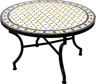 Produktbild von ORIGINAL Marokkanischer Mosaiktisch Couchtisch ø 80cm Groß rund | Runder Kleiner Mosaik Gartentisch Mediterran | ALS Tisch Beistelltisch für Balkon oder Garten | Giralda Weiss Gelb Blau