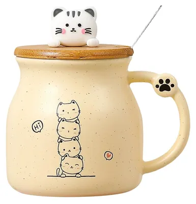 Produktbild von Keramiktasse Katze mit Deckel und Löffel für Kinder und Erwachsene