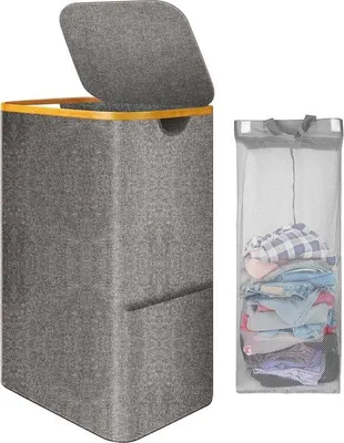 Produktbild von Bambus-Wascha-Korb mit Abdeckung, 105 Liter, sortierfähig, klappbar und schmierfahig.