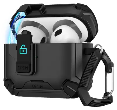 Produktbild von Hülle für Apple AirPods 5 Defender Schutzhülle mit Karabiner 360° Schutzbox Kopfhörer stoßfestes Full Body Cover Schwarz