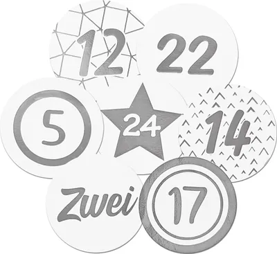 Produktbild von 48 Adventskalenderzahlen AUFKLEBER für 2 Kalender weiß, silber, Durchmesser 4 cm (Angebot) / Sticker, Weihnachten, Adventskalender, DIY Kalender