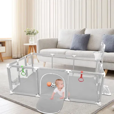 Produktbild von Laufstall Baby 180x120cm,Laufgitter Schutzgitter mit Rutschfester Basis und Atmungsaktivem Netz,Große Sicherheitsspielplatz mit Basketballkorb grau