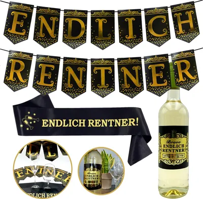 Produktbild von Oblique Unique Endlich Rentner Deko Set - Girlande + Schärpe + Flaschenetikett für Ruhestand Rente Pensionierung Party