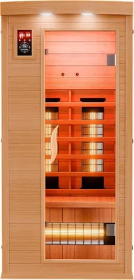 Zdjęcie produktu dla Kabina na podczerwień Dewello Sauna na podczerwień PIERSON 90 cm x 90 cm wraz z promiennikiem pełnego spektrum, promiennikiem podłogowym