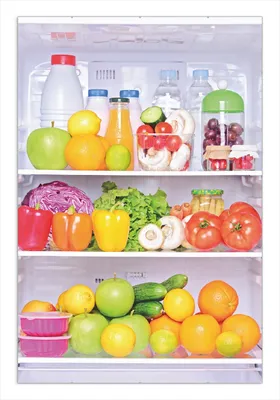 Produktbild von Wallario Wandbild Offener gefüllter Kühlschrank, Größe: 61 x 91,5 cm, Poster mit rahmenlosen Bildhalter