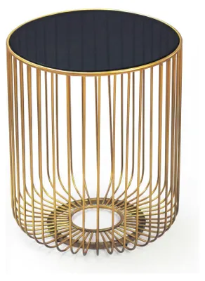 Beistelltisch Gold Rund mit schwarzer Glasplatte und goldenem Metallgestell in Gitteroptik, Gesamtansicht.