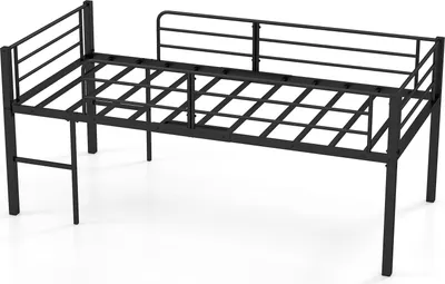 Produktbild von COSTWAY Kinderbett, niedriges Hochbett, Bettgestell Metall mit Sicherheitsgeländern, 2 Leitern & Stauraum, Bettrahmen Jugendbett platzsparend Schwarz