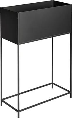 A black metal planter on a stand, shown against a white background.