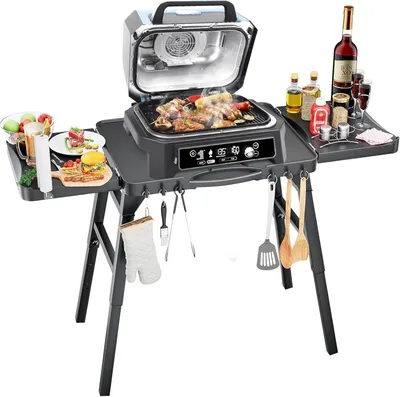 Obrázok produktu pre Grilovací vozík – Skladací – Prenosný – Nastaviteľné nohy – Pracovná doska – 129,5 x 53,3 cm – Čierna