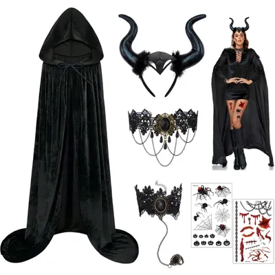 Produktbild von Halloween-Kostüm für Damen mit Umhang und Hörnern