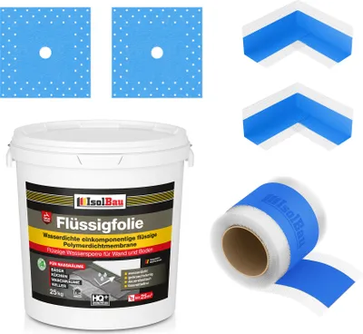 Produktbild von Isolbau Dicht-Set - Inkl. 1x Flüssigfolie (25 kg), 1x Dichtband (10 m), 2x Innenecken & 2x Manschetten