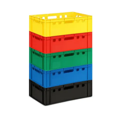 A stack of five plastic crates in different colors (yellow, red, green, blue, and black) is shown against a white background.