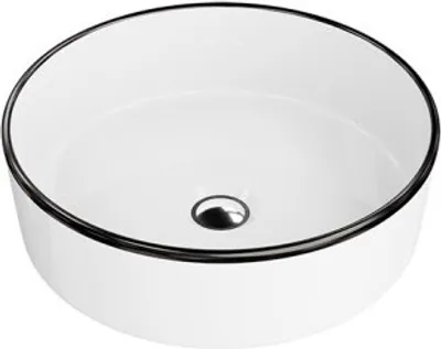 Produktbild von LAVITA Aufsatzwaschtisch Merida Black Line | Aufsatzwaschbecken Rund | Waschbecken Ohne Überlauf und Hahnloch | Aus hochwertigem Porzellan | Waschtisch | 37x37x12 cm | Weiß/Schwarz