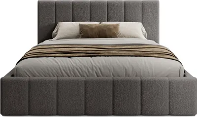 A bed with a headboard and bedding, presented on a white background.