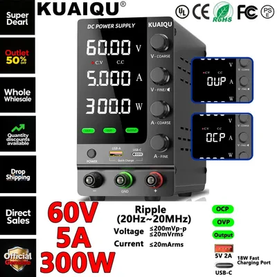 Obrázok produktu pre Laboratórny zdroj – nastaviteľný DC zdroj – 0–60 V, 5 A – 300 W – spínaný zdroj, regulovaný – vstup 220 V AC – vylepšená verzia 60 V, 5 A, 300 W
