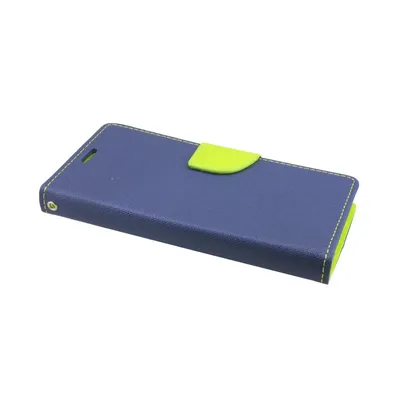 A blue flip case for a smartphone is shown against a white background.