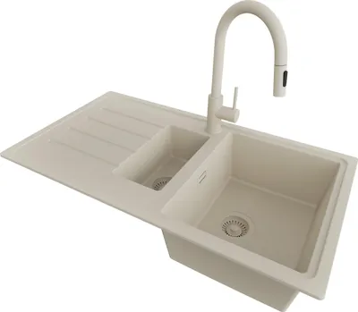 Produktbild von PRIMAGRAN Granitspüle Beige 90x50cm, Spülbecken 1,5 Becken + Küchenarmatur 40x20cm + Ablauf-Set, Küchenspüle ab 60er Unterschrank - Kopenhagen Duo