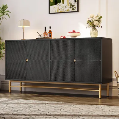 Produktbild von Merax Kommode 160 cm, Sideboard mit 4 Türen, Goldenes Bein, Verstellbare Einlegeböden, Anrichte für Wohnzimmer & Esszimmer, Schwarz