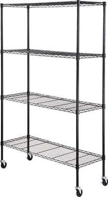 A black metal wire shelving unit with four shelves and wheels, shown against a white background.