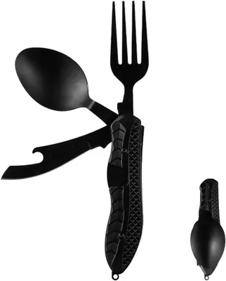 Produktbild von 4-in-1 Edelstahl-Besteck, klappbares Besteck für Camping und Wandern, multifunktionales Campingbesteck, Taschenbesteck, Outdoor-Faltbesteck (Schwarz)