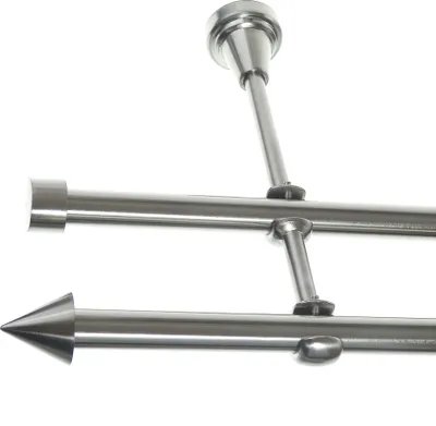 Produktbild von Gardinenstange Set Edelstahl Look Metall Ø 16mm zur Wandbefestigung 2-lauf Spitze, Länge wählbar H24 E29 E16