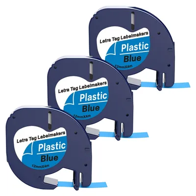 Produktbild von Boxstuff - Dymo LetraTag 91205 - S0721650 - Etikettenband - Schwarz auf blauem Kunststoff - 12 mm x 4 m - 3 Stück