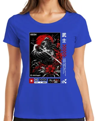 Obrázok produktu pre Samurajská katana, japonské kvety, červené slnko, Japonsko, štýl Y2K, kvet higanbana, dámske tričko, modrá farba, veľkosť XL