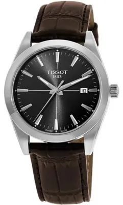 Produktbild von Tissot Gentleman 40 mm Herrenuhr mit schwarzem Zifferblatt und braunem Lederarmband (Quarz)
