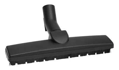 A black vacuum cleaner floor head with bristles is shown against a white background.
