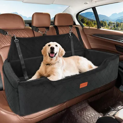 Produktbild von Hundeautositz für große Hunde bis 45 kg, waschbar und abnehmbar, mit 2 Sicherheitsleinen, Hundebett für die Rückbank in Schwarz