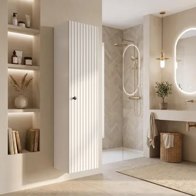 Image de Rodan Colonne de salle de bain 136cm - Suspendue - Ciselé Blanc - Soft-close - BELLO