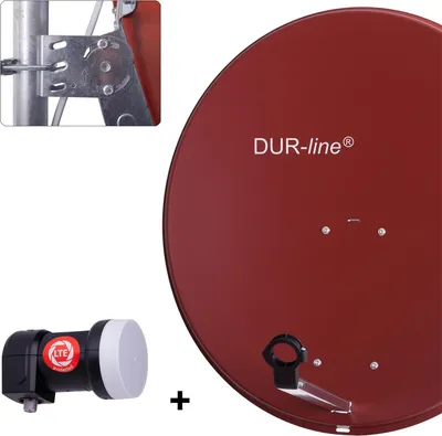 A satellite dish and LNB are shown against a white background, with a close-up inset of the dish's mounting bracket.