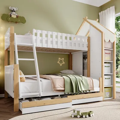Produktbild von Merax Etagenbett 90x200cm+140x200cm mit Kleiderschrank, Leiter, 2 Schubladen, Regale, Geländer, Hausdesign, Kinderbett, Stockbett, Jugendbett, Weiß