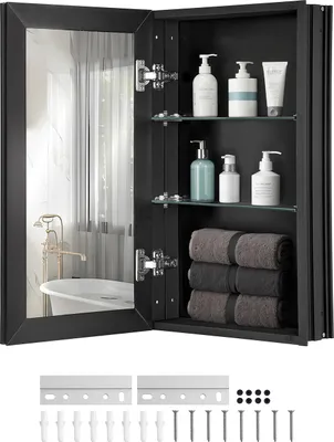 Immagine prodotto di Armadietto a specchio VEVOR, armadietto a specchio per medicinali, armadietto per medicinali (355 x 135 x 610 mm) per bagno, da incasso e da parete, alluminio