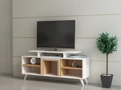 Immagine prodotto di Skye Decor, mobile TV di alta qualità, 120 x 56,9 x 29,5 cm, pannello truciolare rivestito al 100% in melamina, spessore 18 mm, nei colori bianco e teak, design moderno, numerosi ripiani, montabile a parete.