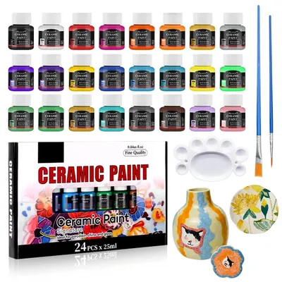 Image de Solidchoice - Ensemble de peintures en porcelaine comprenant 24 couleurs et 2 pinceaux pour céramique