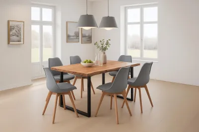 Produktbild von Essgruppe 7tlg. 200 x 100 cm Baumkante Akazie natur massiv 6x Schalenstühle Grau U-Gestell Schwarz QUINN