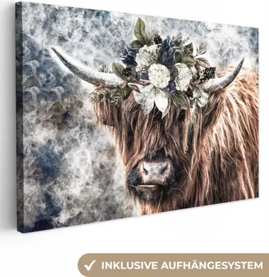 Obrázek produktu pro OneMillionCanvasses® - Plátno - Skotský horal - Květiny - Mlha, nástěnná malba, nástěnné dekorace obrazy obývací pokoj, 120x80cm