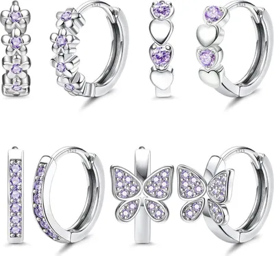 Image de Créoles Boucles d'oreilles Filles Set 925 Argent Hypoallergénique Zirconia Coeur Fleurs 4 Paires