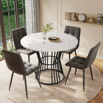 Immagine prodotto di Tavolo da pranzo moderno con piano in marmo e robusta struttura in metallo nero