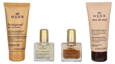 Obrázek produktu pro Sada Nuxe Prodigieux: tělové mléko 30 ml, olej Prodigieux 10 ml, zlatý olej Prodigieux 10 ml, krém na ruce 30 ml