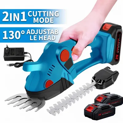 Produktbild von 2-in-1 Kabellose Heckenschere,Elektrische Heckenschneider 21V mit 130° Verstellung Drehbarer Kopf (6 Gänge),Sicherheitsschloss,Leicht&Leise,Blau