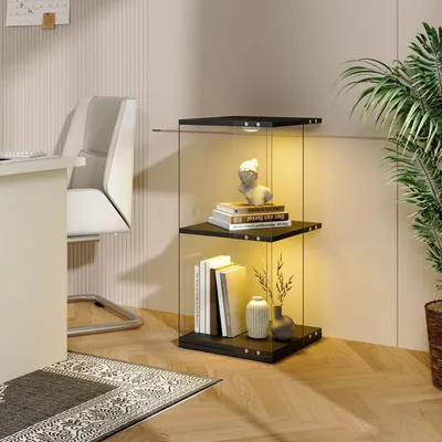 Produktbild von REMZETTA Drehbare Vitrine 360° mit LED-Beleuchtung, 38 x 38 x 82 cm, Glasvitrine mit 2 Ebenen und transparenten Seiten, Sammlervitrine für Figuren und Dekoration, Schwarz