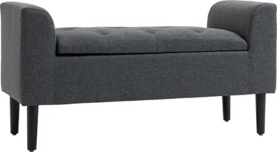 Zdjęcie produktu dla Ławka HOMCOM ze schowkiem, tapicerowana, imitacja lnu, nogi drewniane, nośność do 130 kg, do salonu, sypialni i przedpokoju, 116 x 44 x 58 cm, kolor ciemnoszary